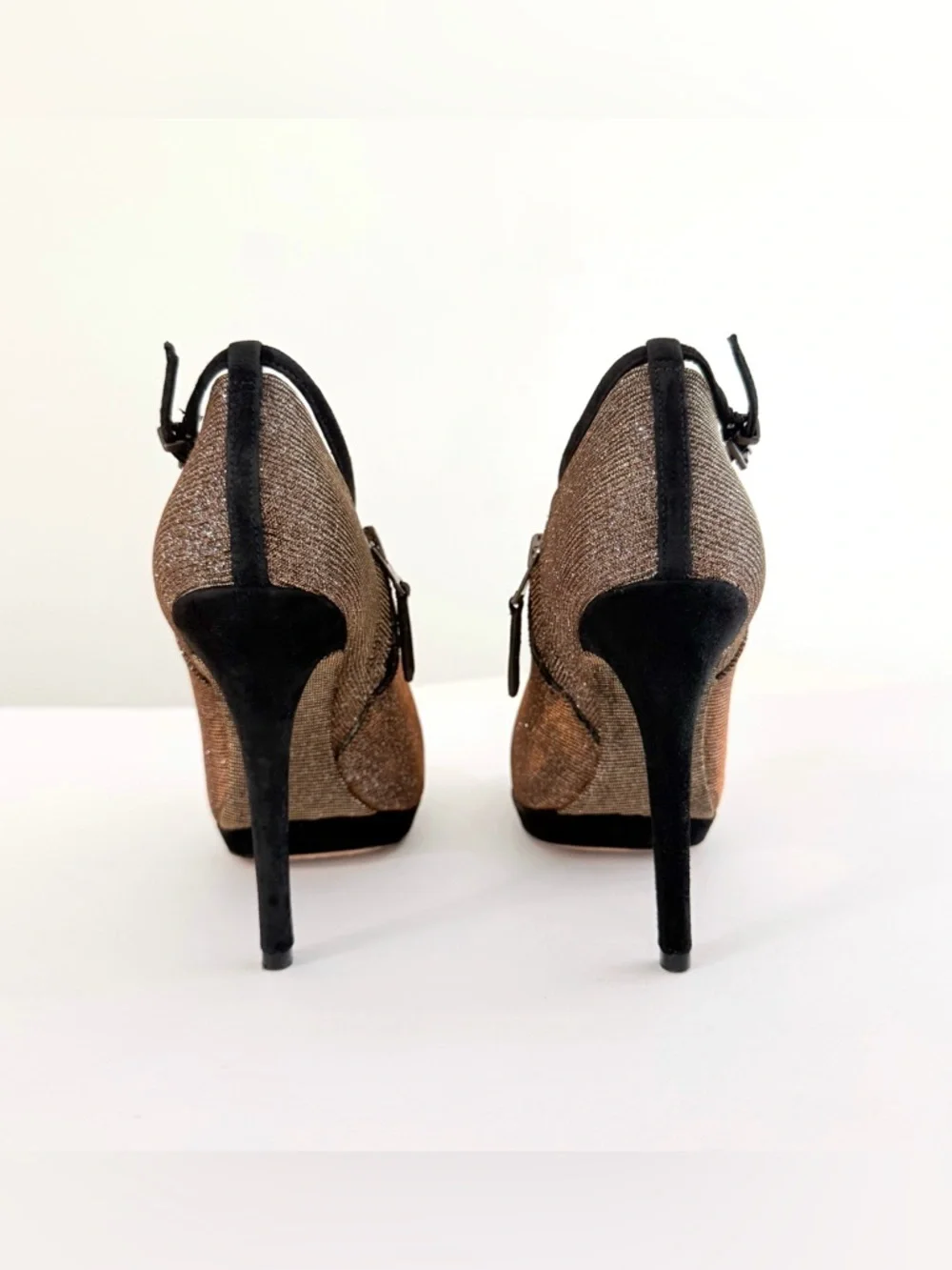 BRIAN ATWOOD FRUITERA BLACK SUEDE METALLIC GOLD SILVER HIGH HEEL BOOTIES - Picture 5 of 11